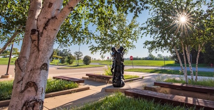 Photograph of an outdoor park area featuring an abstract sculpture, surrounded by trees and benches. Sunlight filters through tree leaves, creating a starburst effect in the upper right corner, with a clear blue sky and open grassy fields in the background
